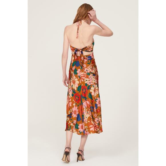ASTR Talitha Rust Floral Print Halter High Neck Tie Back Cocktail Midi Dress M - Picture 2 of 14